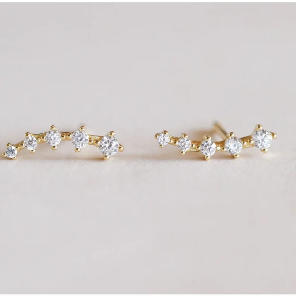 NEW 18kt Gold Plated White Handmade Crawler Charm CZ Pave Stone Stud Earrings